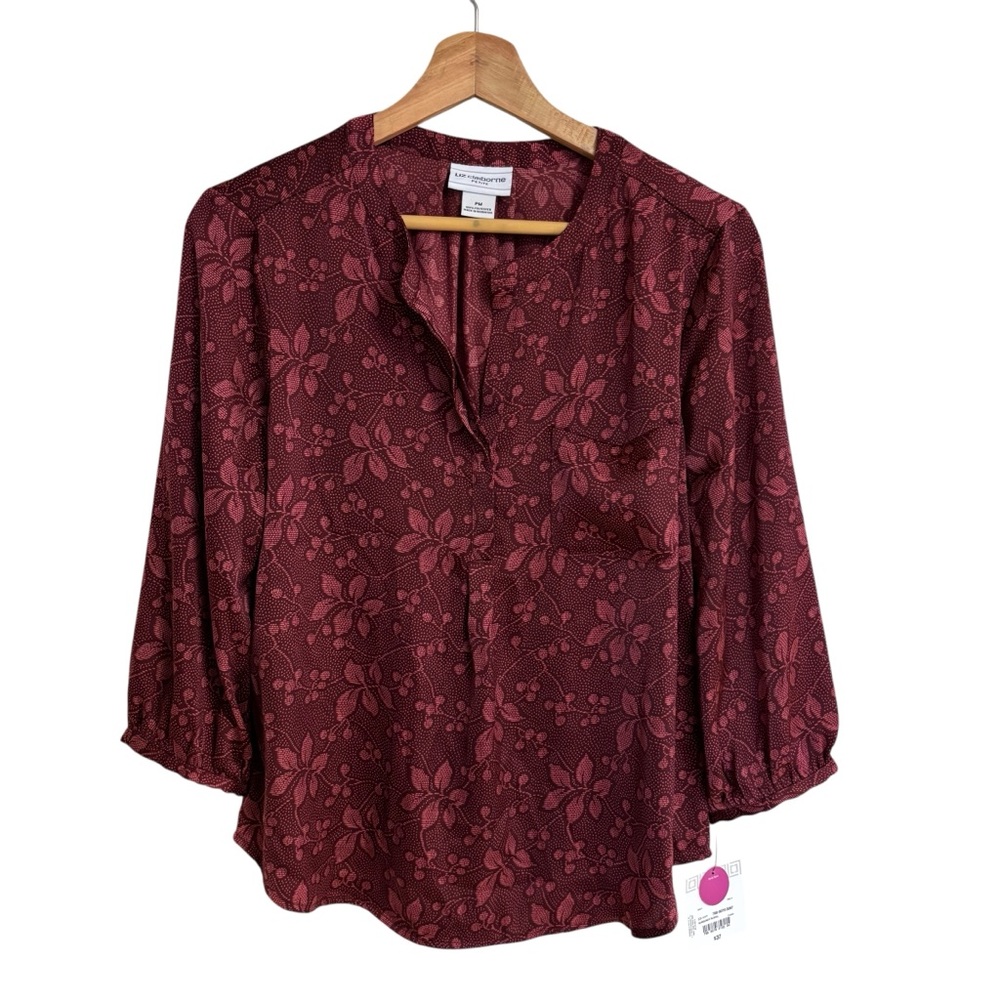 Liz Claiborne red burgundy floral pattern silky 3/4 sleeve office blouse size PM